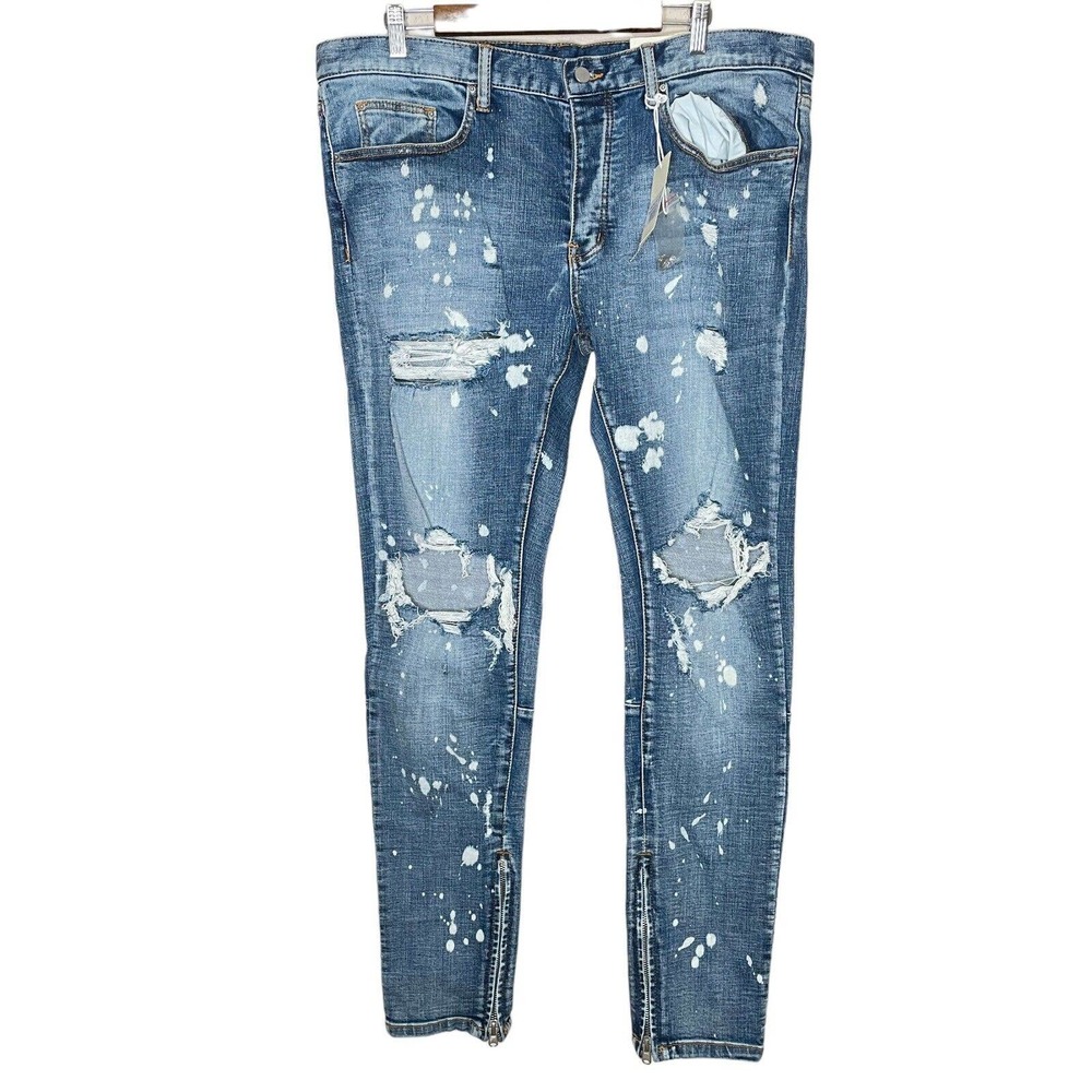 MNMI 38 Mens Blue Medium Wash Ankle Zip Distressed Denim Skinny Jeans